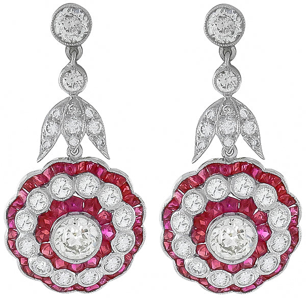 3.73ct Diamond 2.50ct Ruby Antique Style Earrings