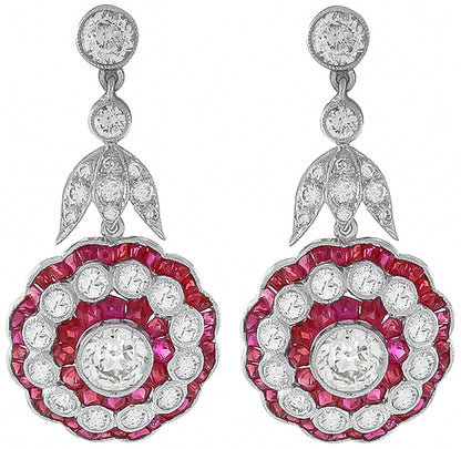 3.73ct Diamond 2.50ct Ruby Antique Style Earrings