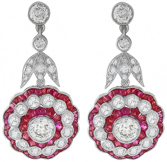 3.73ct Diamond 2.50ct Ruby Antique Style Earrings