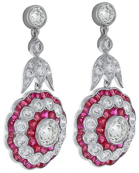 3.73ct Diamond 2.50ct Ruby Antique Style Earrings