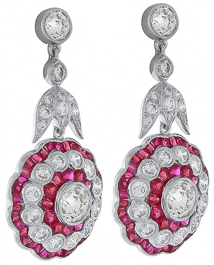 3.73ct Diamond 2.50ct Ruby Antique Style Earrings
