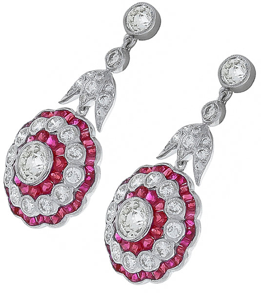 3.73ct Diamond 2.50ct Ruby Antique Style Earrings
