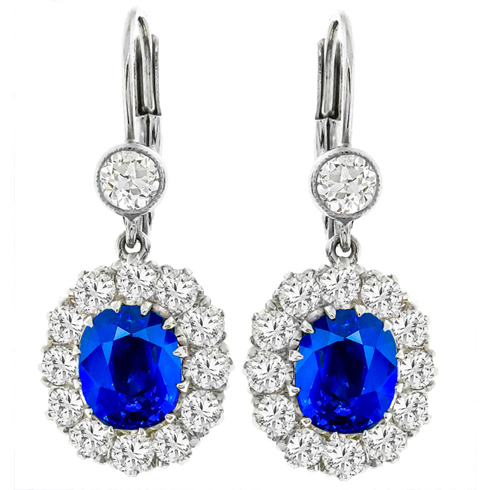 Vintage 4.04ct Oval Cut Sapphire 2.19ct Diamond 18k White Gold Dagling Earrings