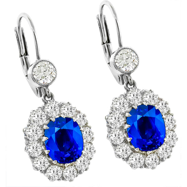 Vintage 4.04ct Oval Cut Sapphire 2.19ct Diamond 18k White Gold Dagling Earrings