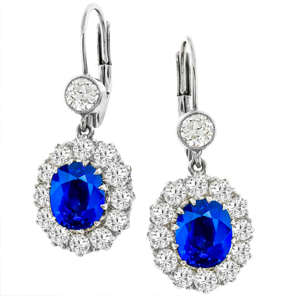 Vintage 4.04ct Oval Cut Sapphire 2.19ct Diamond 18k White Gold Dagling Earrings