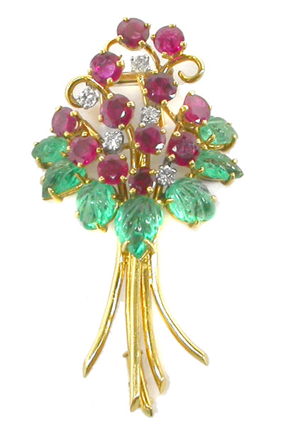 4.20ct Ruby, Diamonds & 2ct Emeralds   18k Yellow Gold Bouquet  Pin