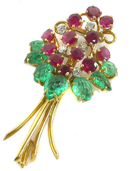 4.20ct Ruby, Diamonds & 2ct Emeralds   18k Yellow Gold Bouquet  Pin