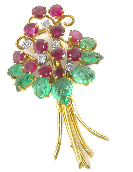 4.20ct Ruby, Diamonds & 2ct Emeralds   18k Yellow Gold Bouquet  Pin