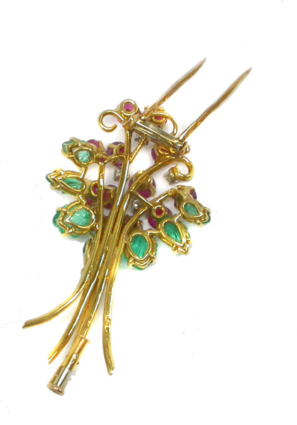 4.20ct Ruby, Diamonds & 2ct Emeralds   18k Yellow Gold Bouquet  Pin