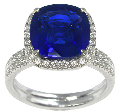 4.61ct Cushion Cut Ceylon Sapphire & Diamond  18k White Gold Engagement Ring