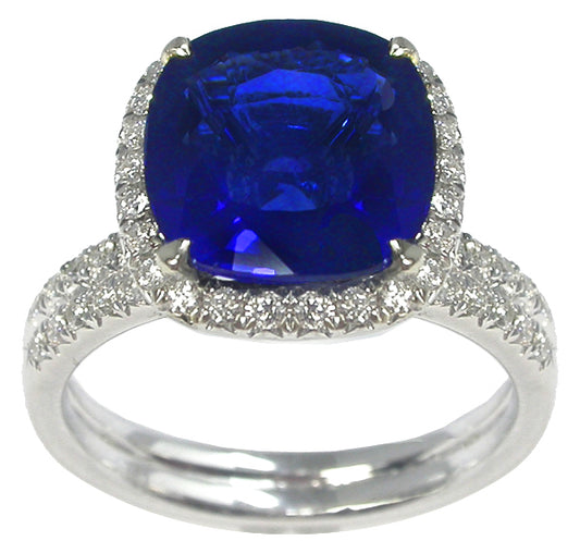 4.61ct Cushion Cut Ceylon Sapphire & Diamond  18k White Gold Engagement Ring