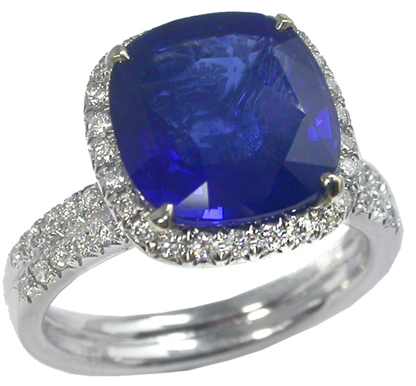 4.61ct Cushion Cut Ceylon Sapphire & Diamond  18k White Gold Engagement Ring