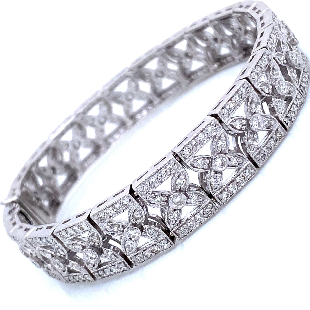 Art Deco Style 5.50ct Diamond 18k White Gold Filigree Floral Bracelet