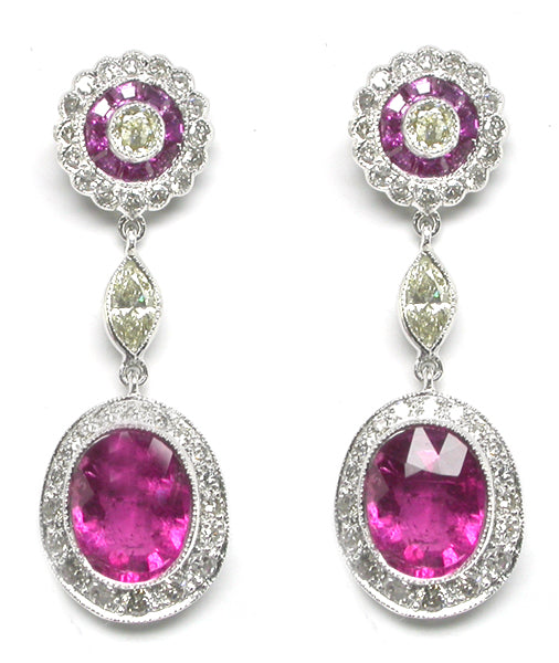 5ct Pink Tourmaline, Diamond & Pink Sapphire 18k White Gold Earrings