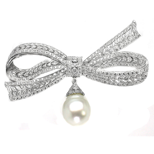 6ct Diamond 18k White Gold Bow & Pearl Drop Pin