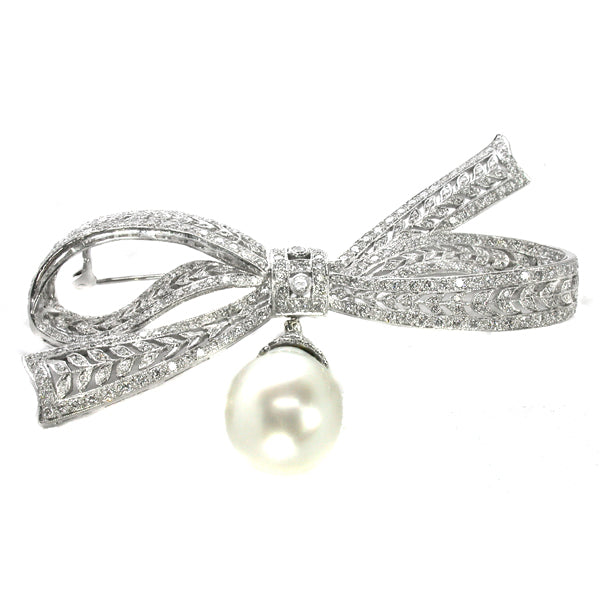 6ct Diamond 18k White Gold Bow & Pearl Drop Pin