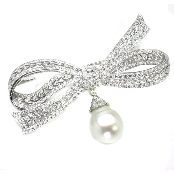 6ct Diamond 18k White Gold Bow & Pearl Drop Pin