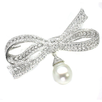 6ct Diamond 18k White Gold Bow & Pearl Drop Pin