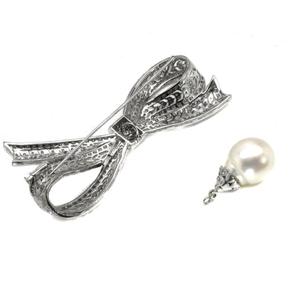 6ct Diamond 18k White Gold Bow & Pearl Drop Pin