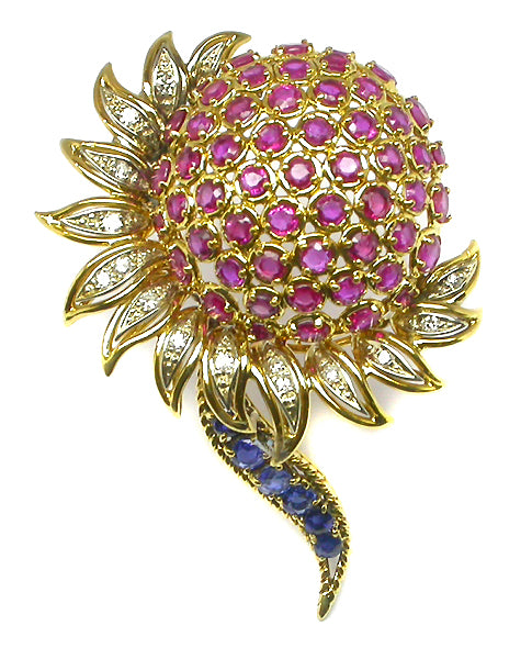 6ct Ruby Sapphire & Diamond 14k Yellow Gold Flower  Pin