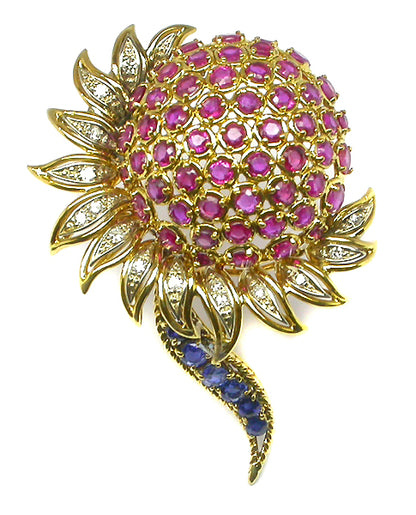 6ct Ruby Sapphire & Diamond 14k Yellow Gold Flower  Pin