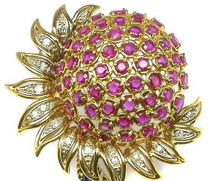 6ct Ruby Sapphire & Diamond 14k Yellow Gold Flower  Pin