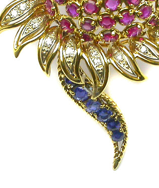 6ct Ruby Sapphire & Diamond 14k Yellow Gold Flower  Pin