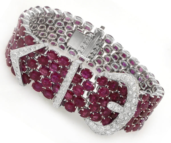 71.55ct Rubies 3ct Diamond 18k White  Gold Belt Buckle Bracelet