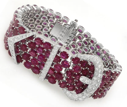 71.55ct Rubies 3ct Diamond 18k White  Gold Belt Buckle Bracelet