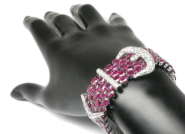 71.55ct Rubies 3ct Diamond 18k White  Gold Belt Buckle Bracelet