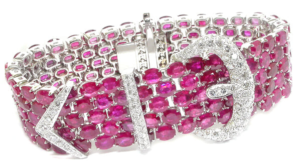 71.55ct Rubies 3ct Diamond 18k White  Gold Belt Buckle Bracelet
