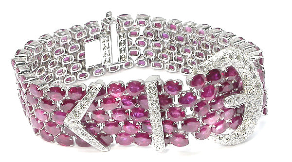 71.55ct Rubies 3ct Diamond 18k White  Gold Belt Buckle Bracelet