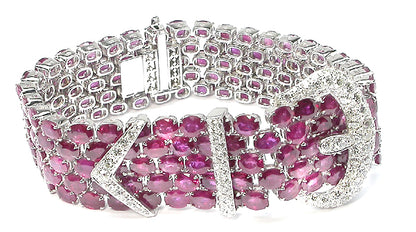 71.55ct Rubies 3ct Diamond 18k White  Gold Belt Buckle Bracelet