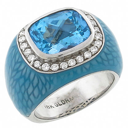 8.00ct Blue Topaz 0.80ct Diamond Enamel Gold Cocktail Ring