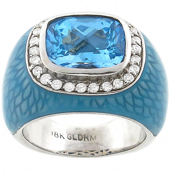 8.00ct Blue Topaz 0.80ct Diamond Enamel Gold Cocktail Ring
