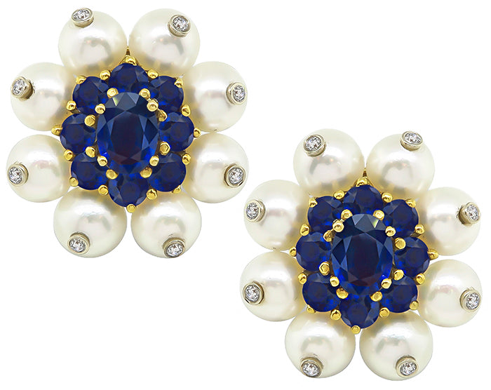 8.00ct Sapphire 0.50ct Diamond Pearl Earrings