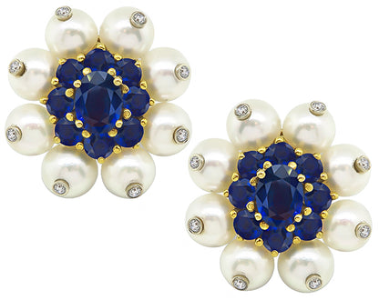 8.00ct Sapphire 0.50ct Diamond Pearl Earrings