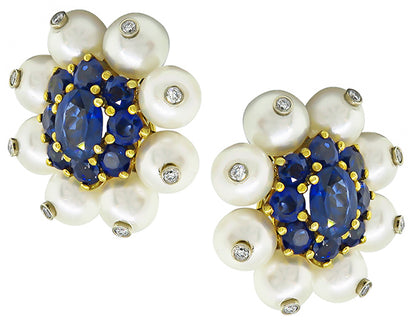 8.00ct Sapphire 0.50ct Diamond Pearl Earrings