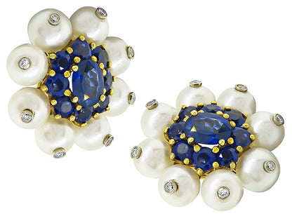 8.00ct Sapphire 0.50ct Diamond Pearl Earrings
