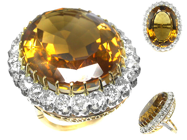 90ct Citrine & 6ct Diamond 18k Yellow Gold Cocktail Ring