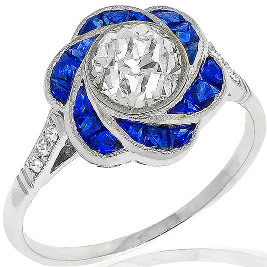 Art Deco Style GIA 1.00ct Diamond Sapphire Gold Engagement Ring