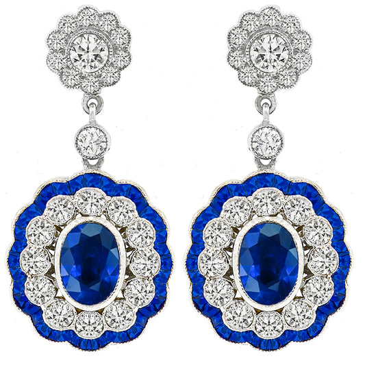 Art Deco Style 5.21ct Sapphire 2.70ct Diamond Gold Earrings