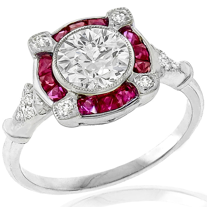 Art Deco Style GIA 1.06ct Diamond Ruby Gold Engagement Ring