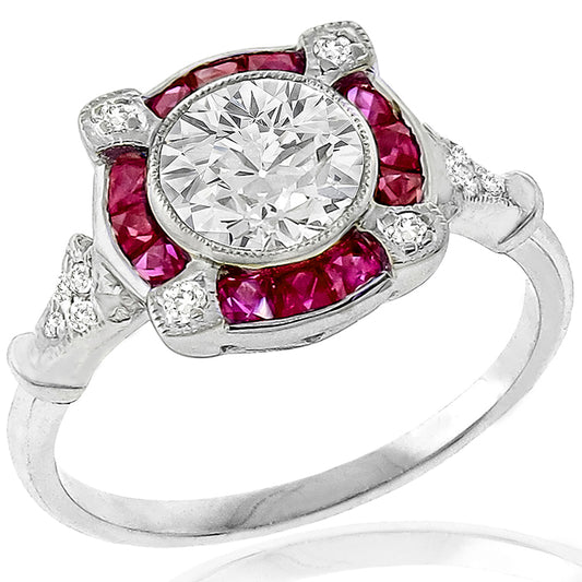 Art Deco Style GIA 1.06ct Diamond Ruby Gold Engagement Ring