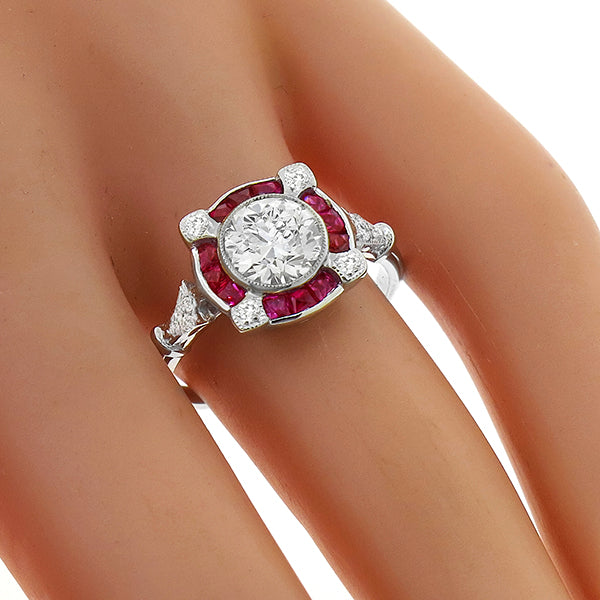 Art Deco Style GIA 1.06ct Diamond Ruby Gold Engagement Ring