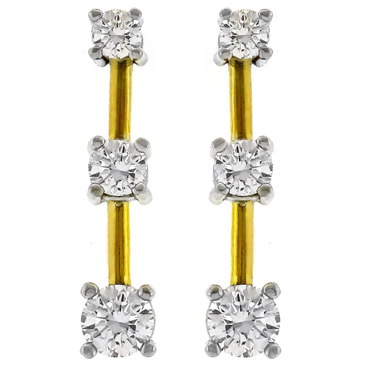 Estate 1.40ct Round Brilliant Diamond 14k White And Yellow Gold Line Earrings