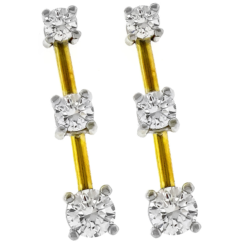Estate 1.40ct Round Brilliant Diamond 14k White And Yellow Gold Line Earrings