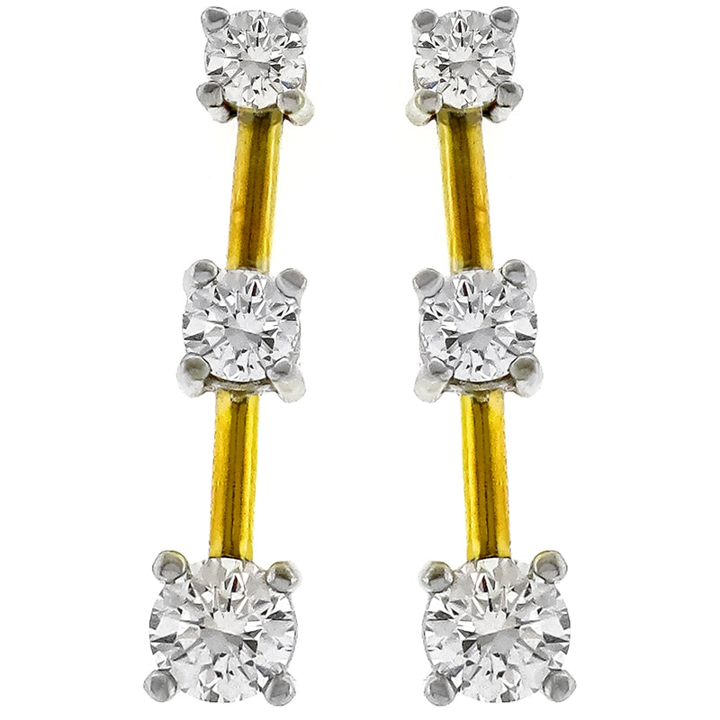 Estate 1.40ct Round Brilliant Diamond 14k White And Yellow Gold Line Earrings