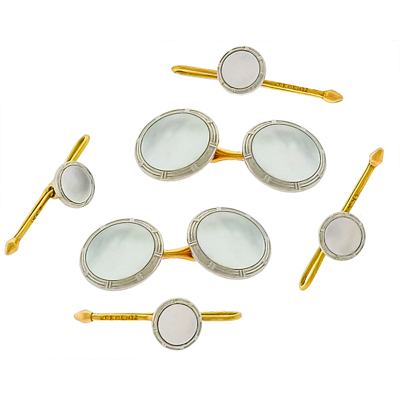 Estate Krementz Mothers of Pearl 14k White & Pink Gold Cufflinks and Stud Set