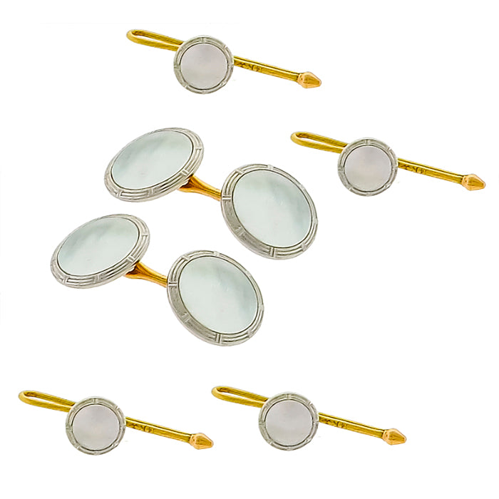 Estate Krementz Mothers of Pearl 14k White & Pink Gold Cufflinks and Stud Set
